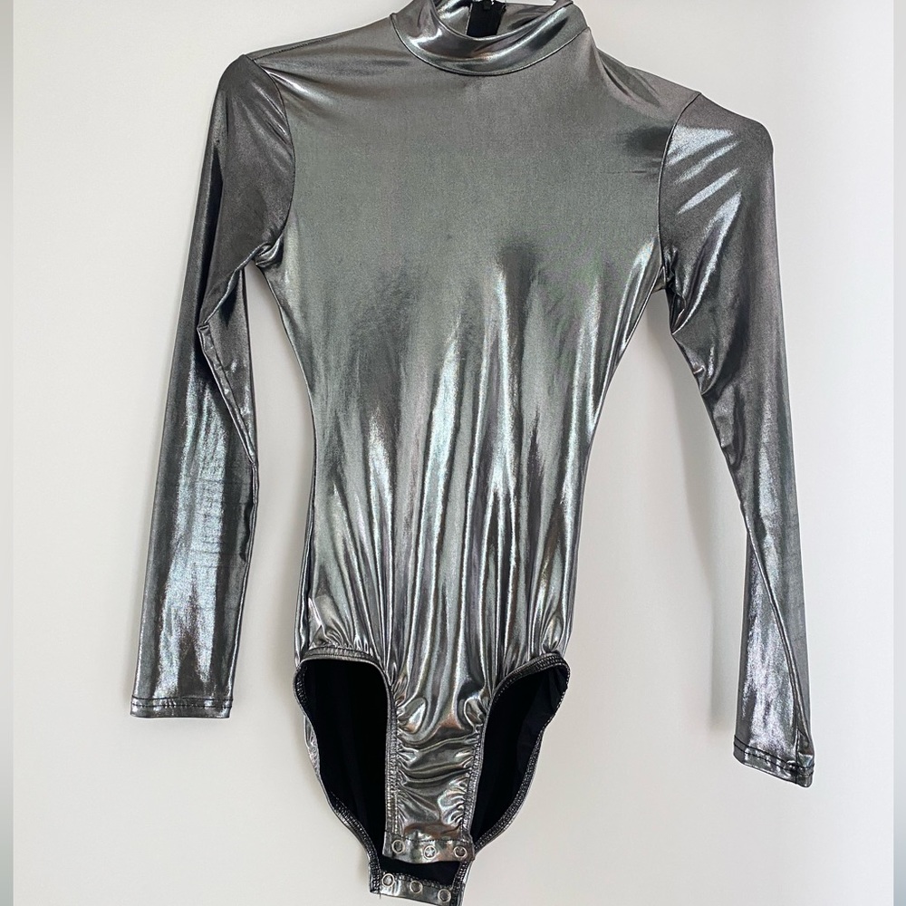 Metallic silver high neck bodysuit